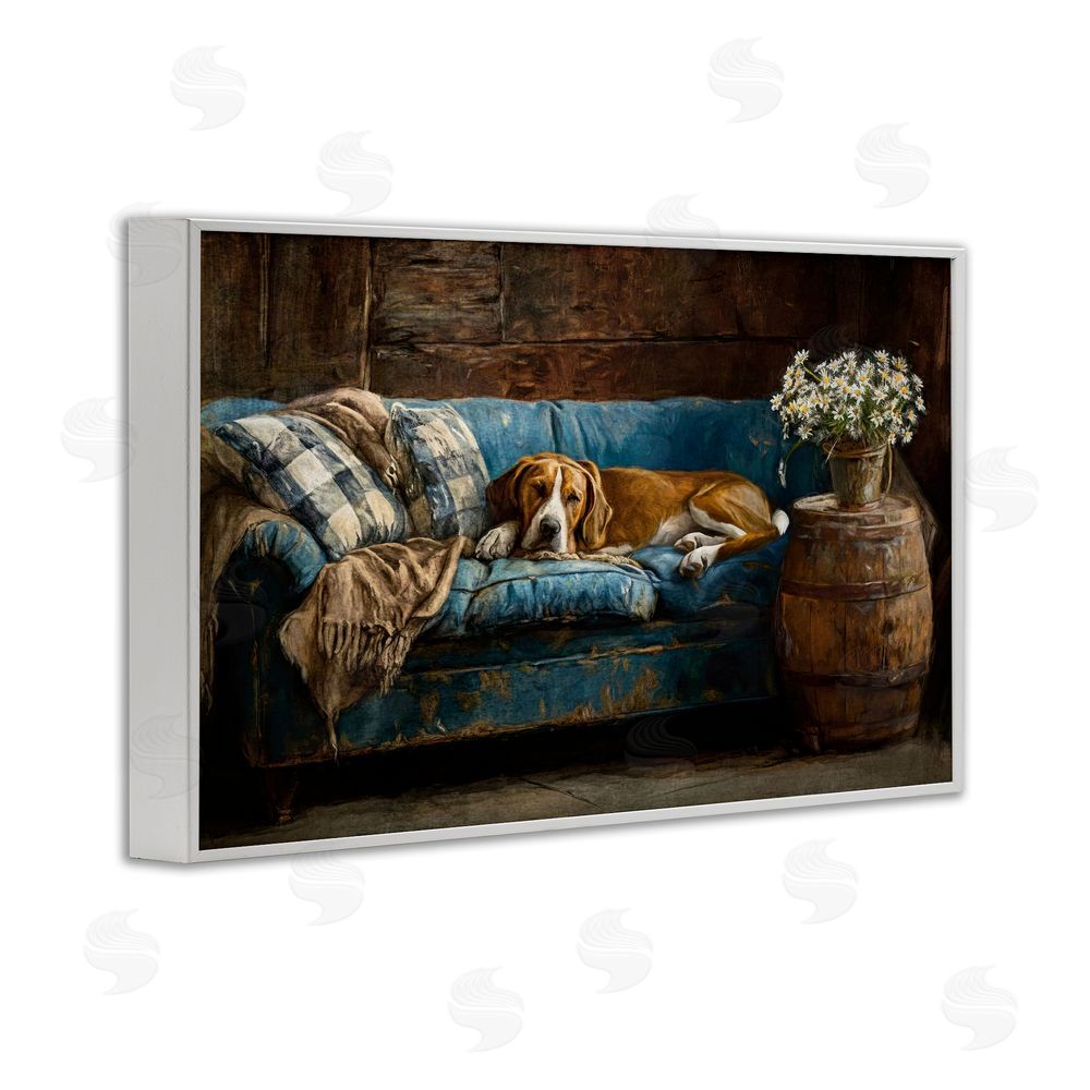 Tina LeCour Hound on Cozy Blue Sofa White Framed Giclee Wall Art Print