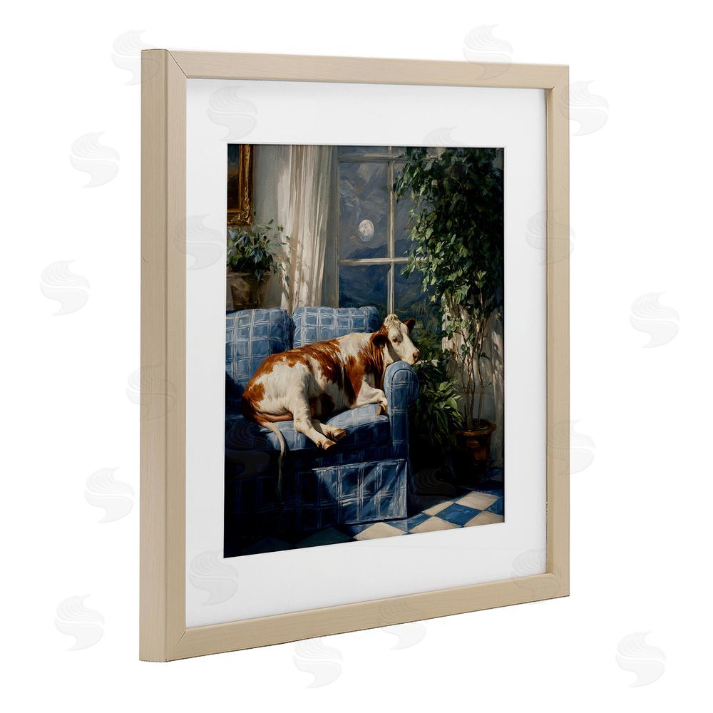 Tina LeCour Midnight Moo Lounging on Sofa Brown Framed Print Under Glass Wall Art