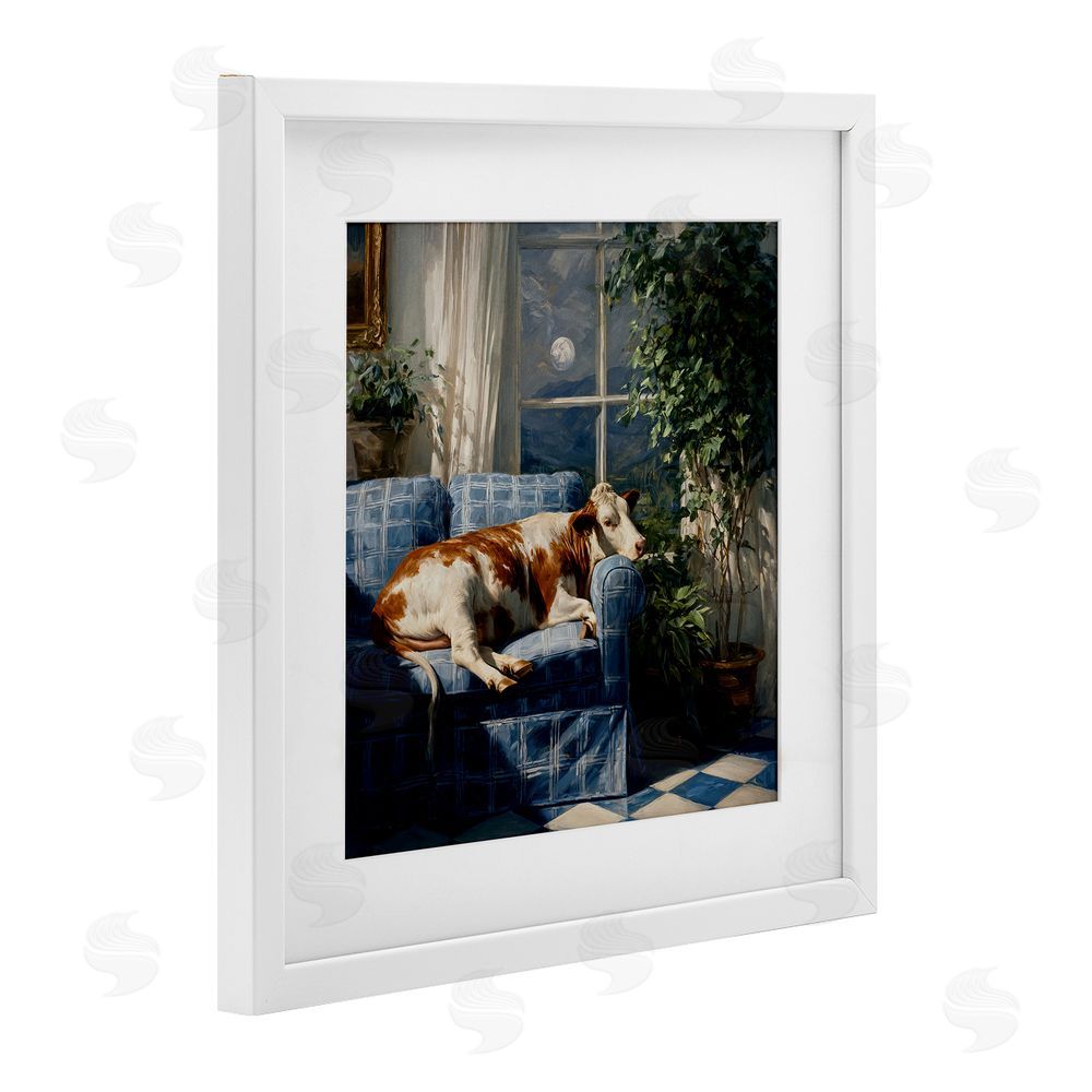Tina LeCour Midnight Moo Lounging on Sofa White Framed Print Under Glass Wall Art