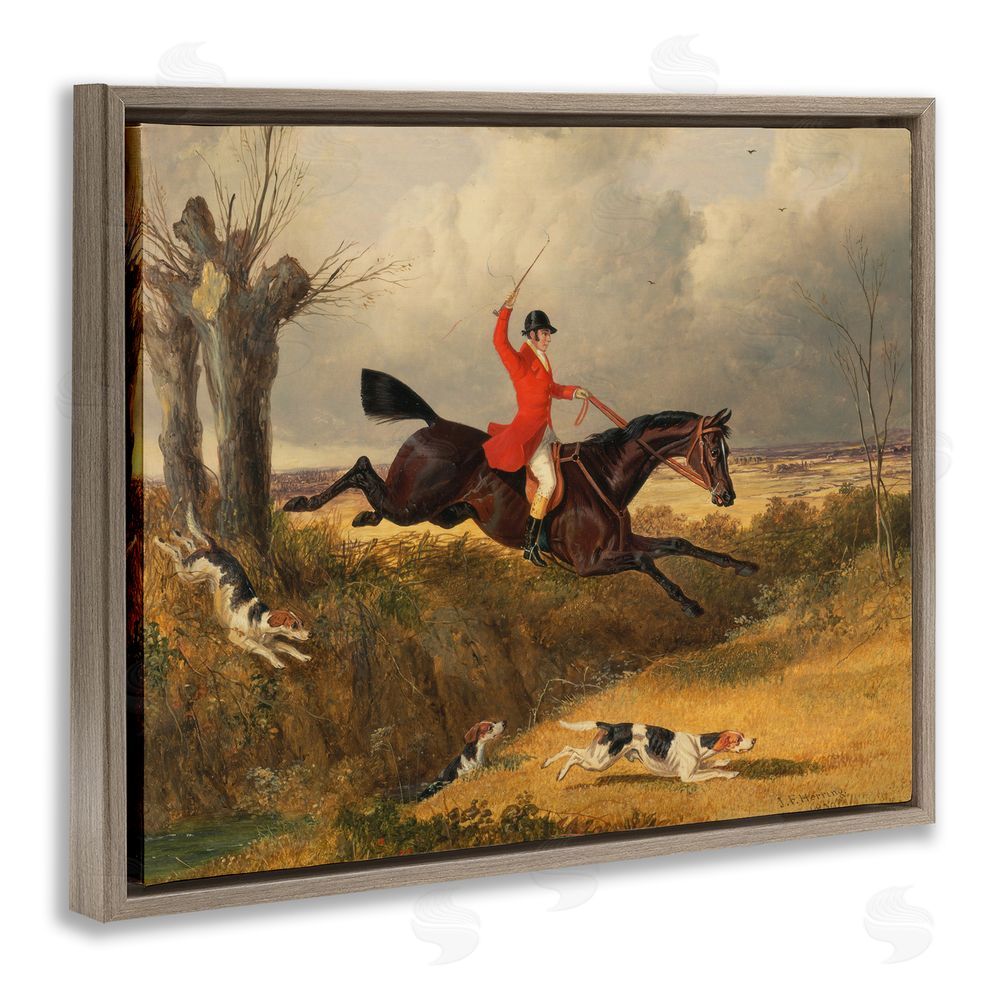 Tina LeCour Jockey & Dogs Clearing a Ditch Brown Floating Frame Canvas Wall Art Print