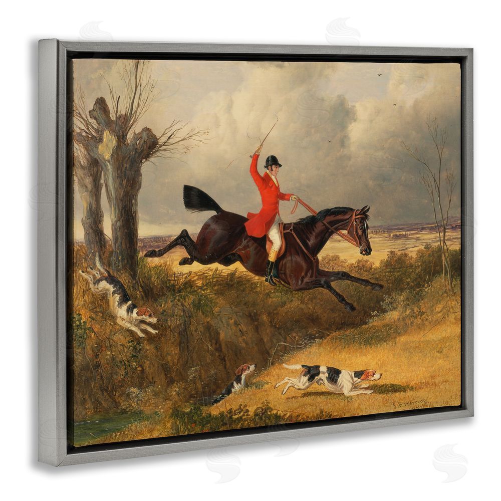 Tina LeCour Jockey & Dogs Clearing a Ditch Gray Floating Frame Canvas Wall Art Print
