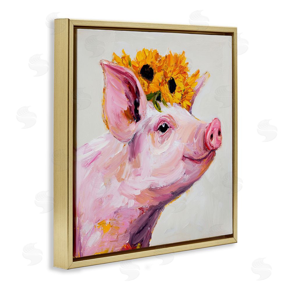 Tina LeCour Happy Pig Wearing Sunflower Crown Gold Floating Frame Canvas Wall Art Print