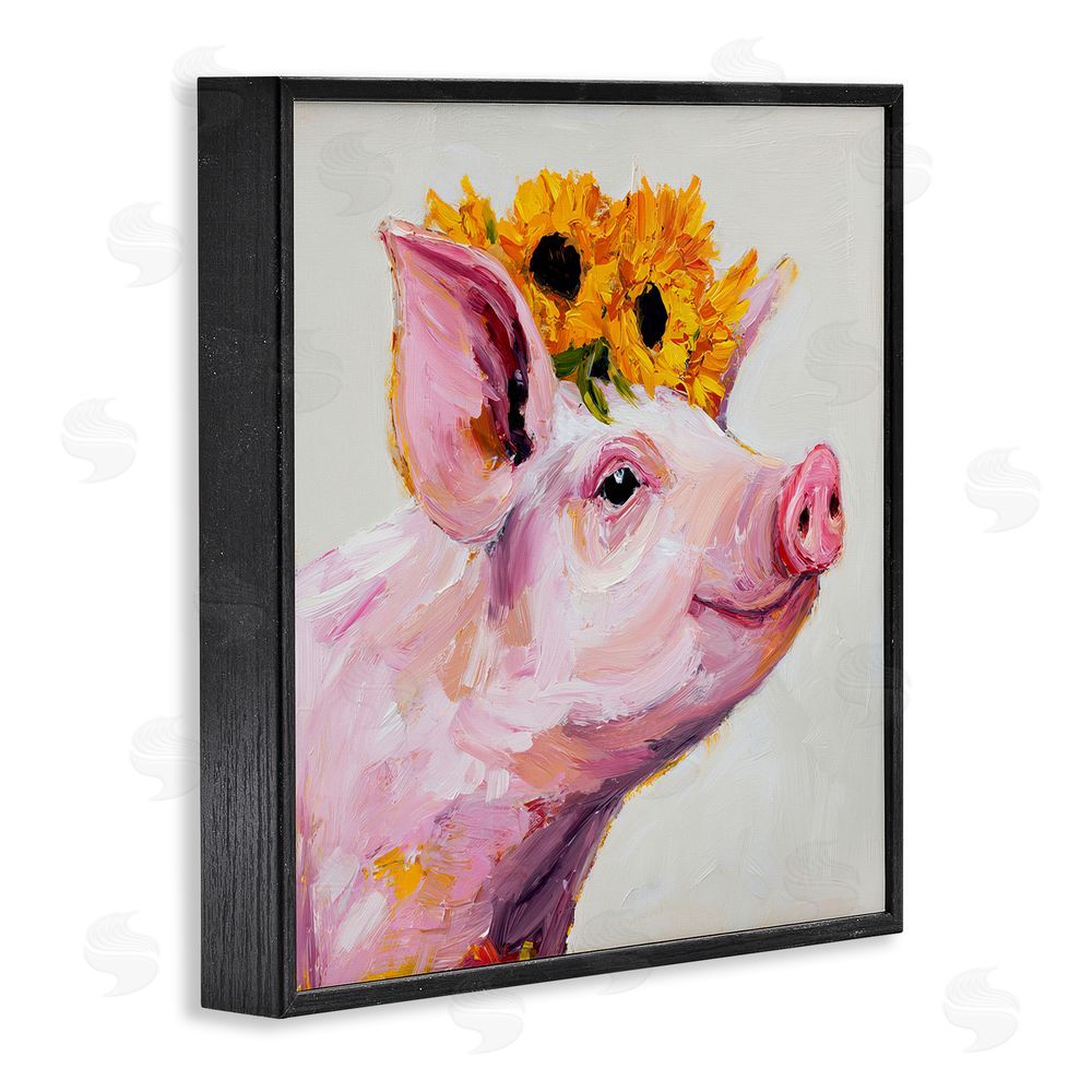 Tina LeCour Happy Pig Wearing Sunflower Crown Black Framed Giclee Wall Art Print