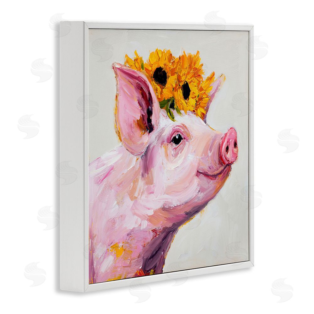 Tina LeCour Happy Pig Wearing Sunflower Crown White Framed Giclee Wall Art Print