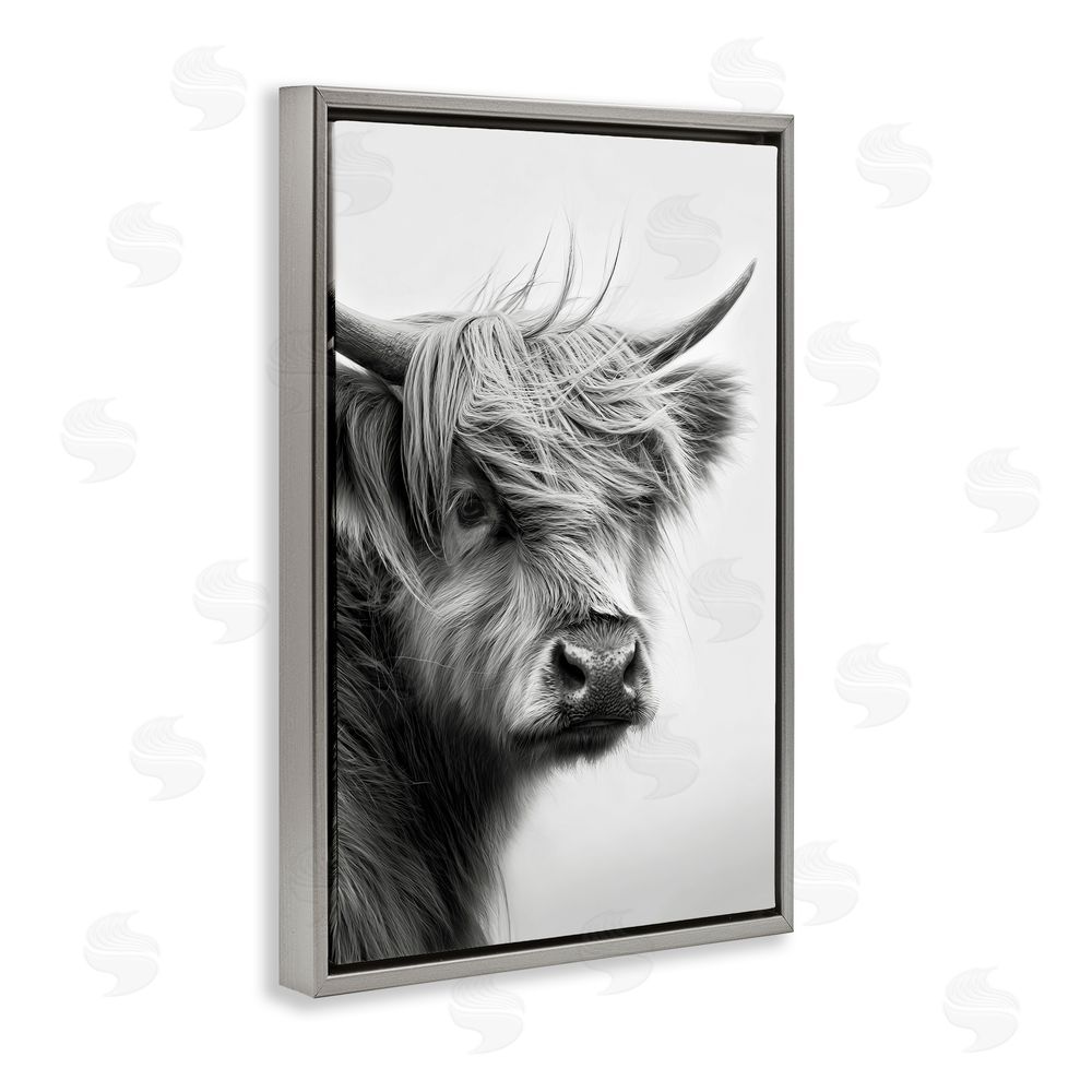 Tina LeCour Young Highland Cow Portrait Gray Floating Frame Canvas Wall Art Print