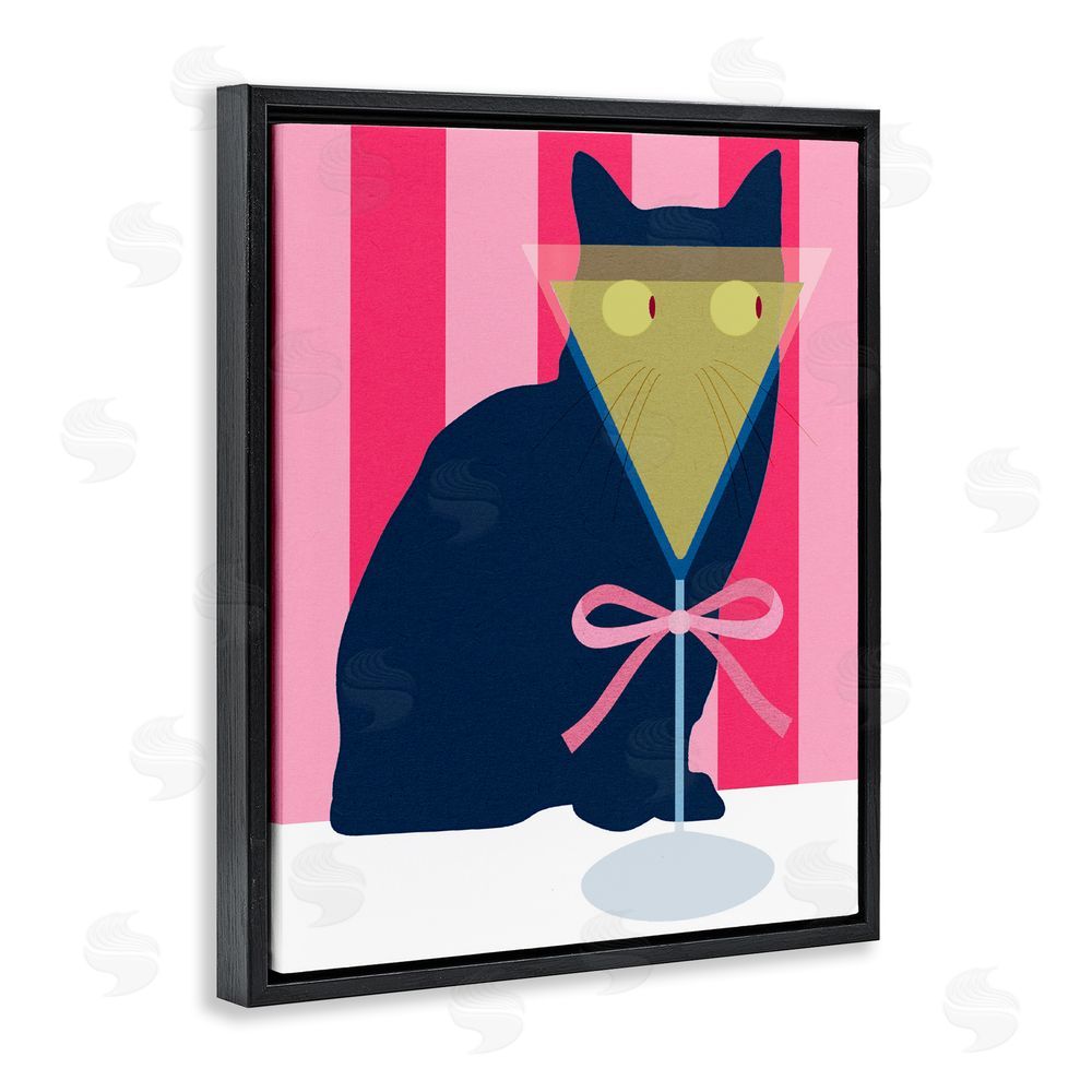 Daphne Polselli Playful Striped Cat with Martini Black Floating Framed Canvas Wall Art