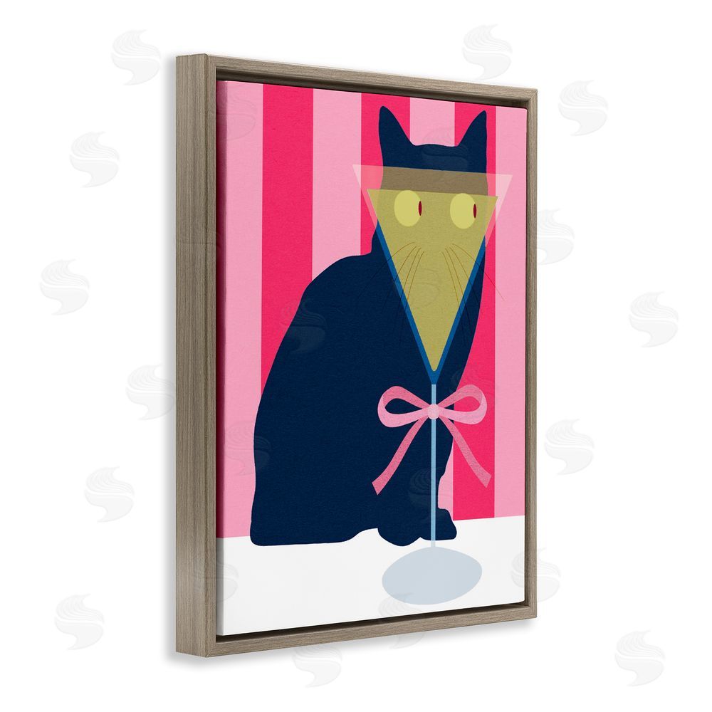 Daphne Polselli Playful Striped Cat with Martini Brown Floating Framed Canvas Wall Art