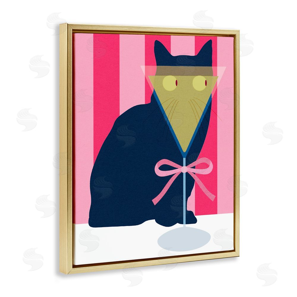 Daphne Polselli Playful Striped Cat with Martini Gold Floating Framed Canvas Wall Art