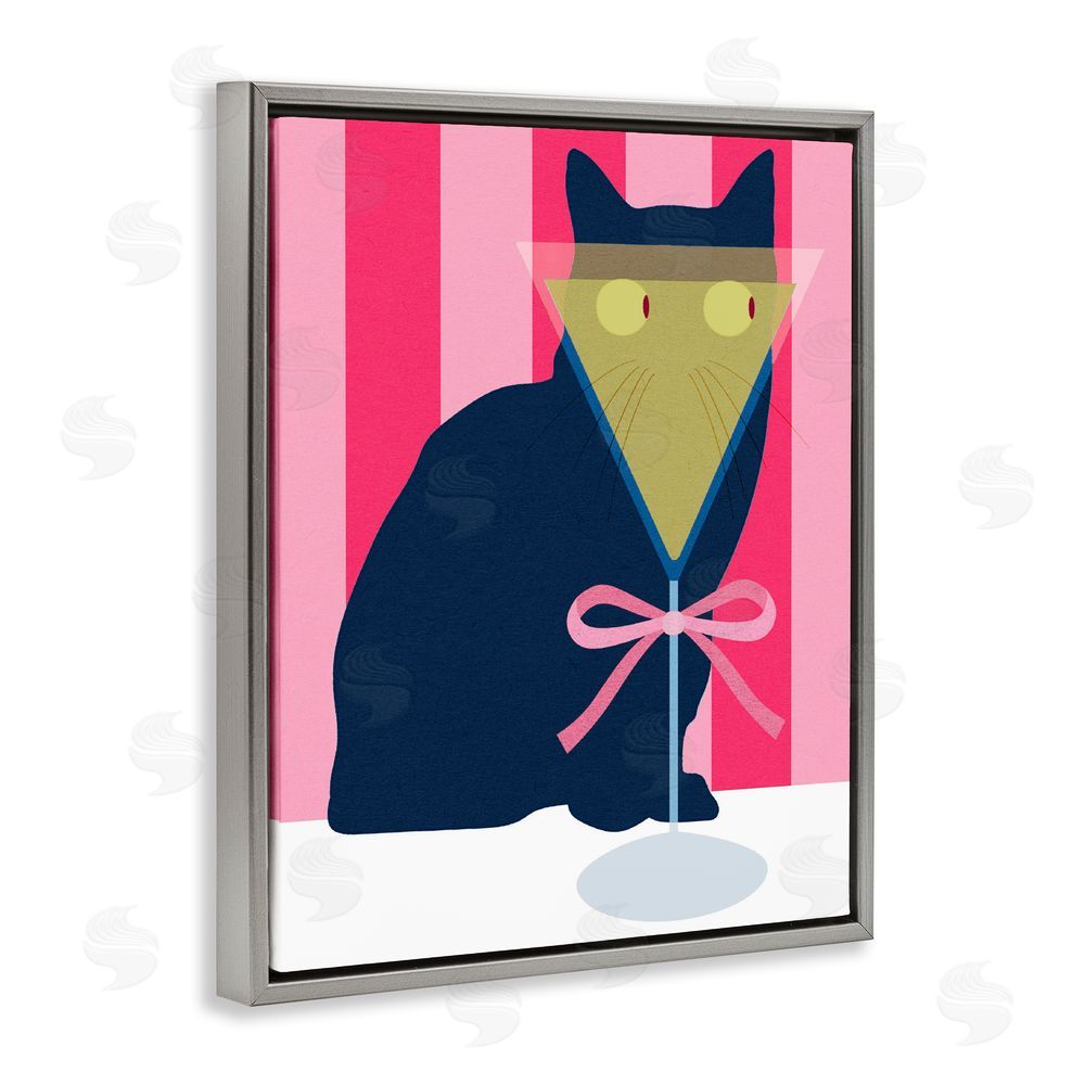 Daphne Polselli Playful Striped Cat with Martini Gray Floating Framed Canvas Wall Art