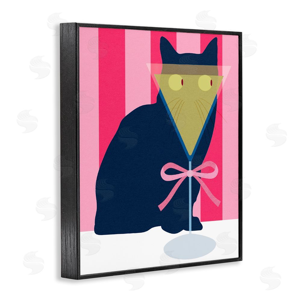 Daphne Polselli Playful Striped Cat with Martini Black Framed Giclee Wall Art