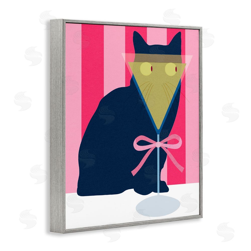 Daphne Polselli Playful Striped Cat with Martini Gray Framed Giclee Wall Art