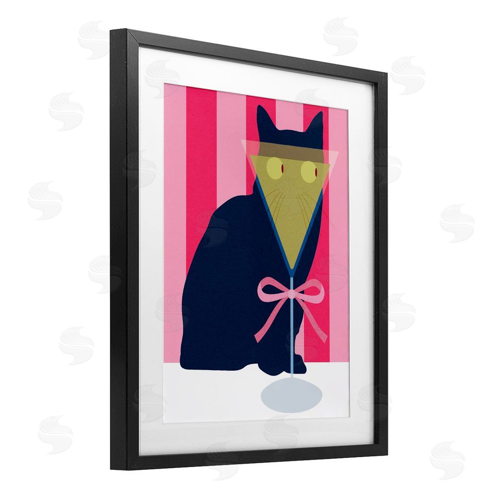Daphne Polselli Playful Striped Cat with Martini Black Framed Print Under Glass Wall Art