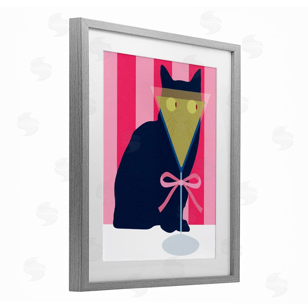 Daphne Polselli Playful Striped Cat with Martini Gray Framed Print Under Glass Wall Art