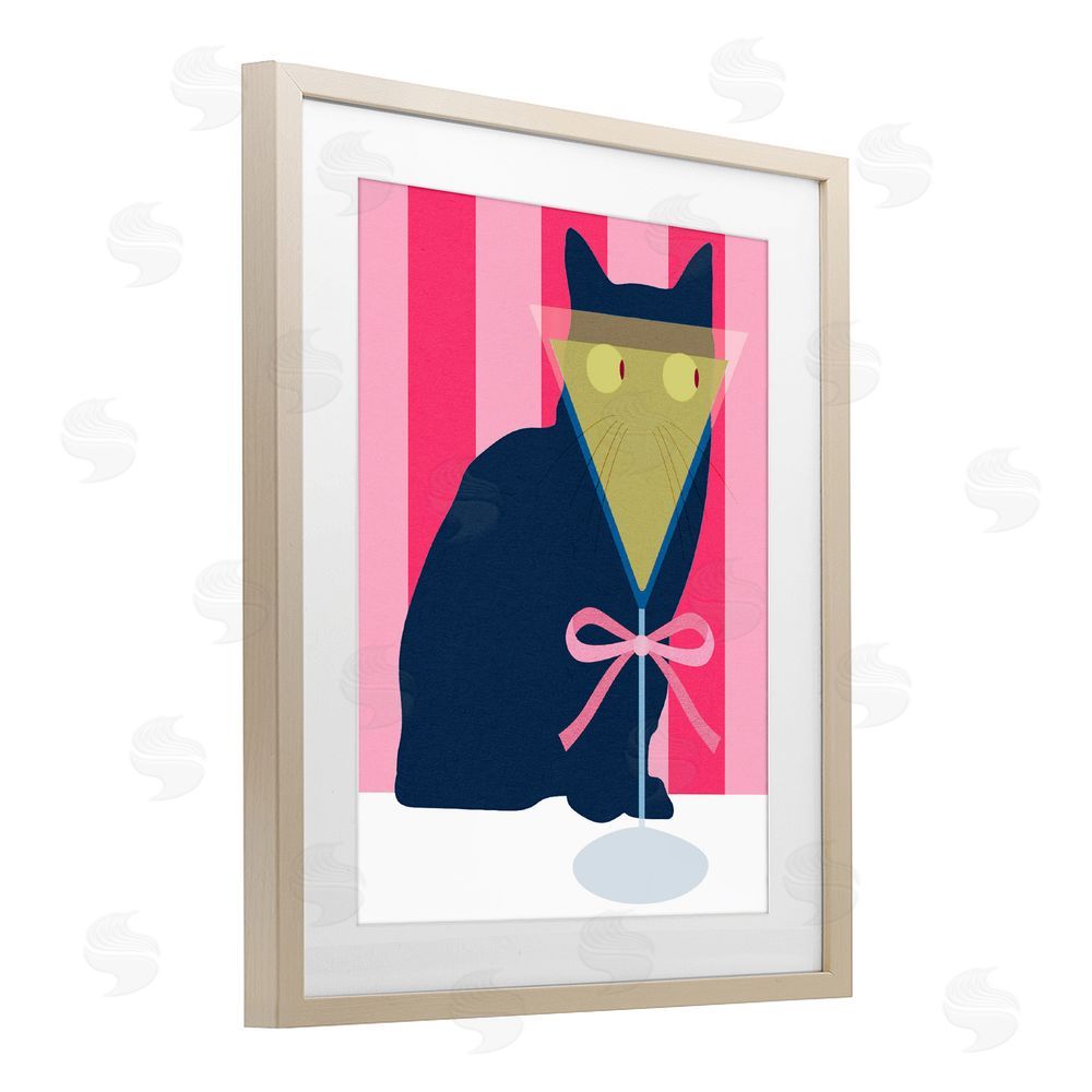 Daphne Polselli Playful Striped Cat with Martini Brown Framed Print Under Glass Wall Art