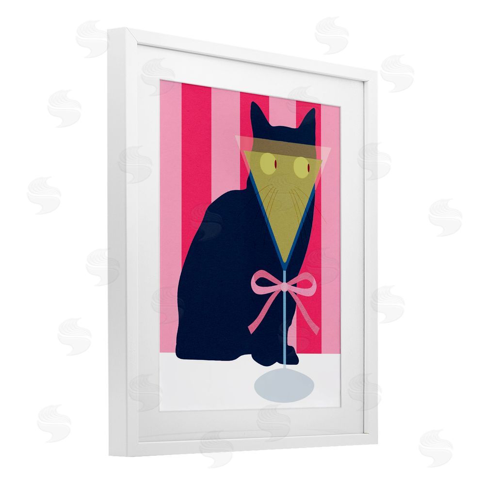 Daphne Polselli Playful Striped Cat with Martini White Framed Print Under Glass Wall Art