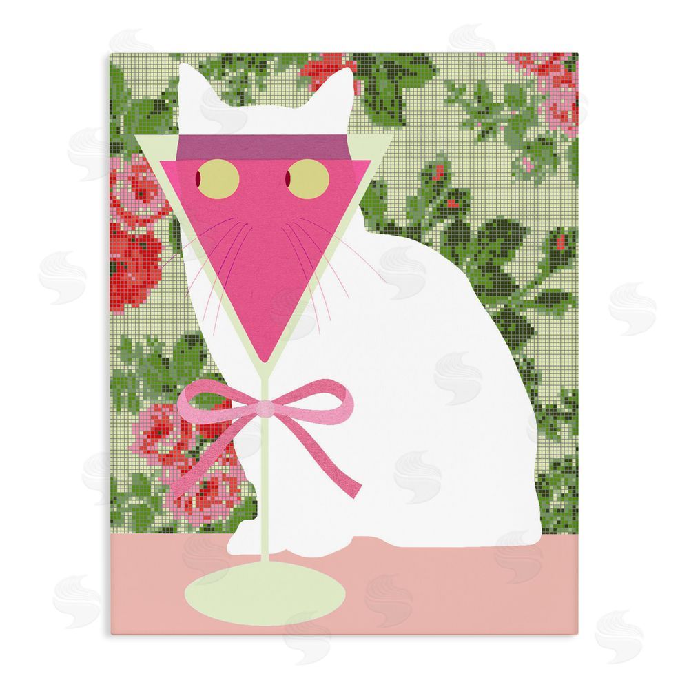 Lil' Rue White Cat with Pink Martini Stretched Canvas Wall Art Print