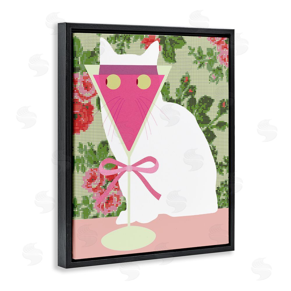 Lil' Rue White Cat with Pink Martini Black Floating Framed Canvas Wall Art Print