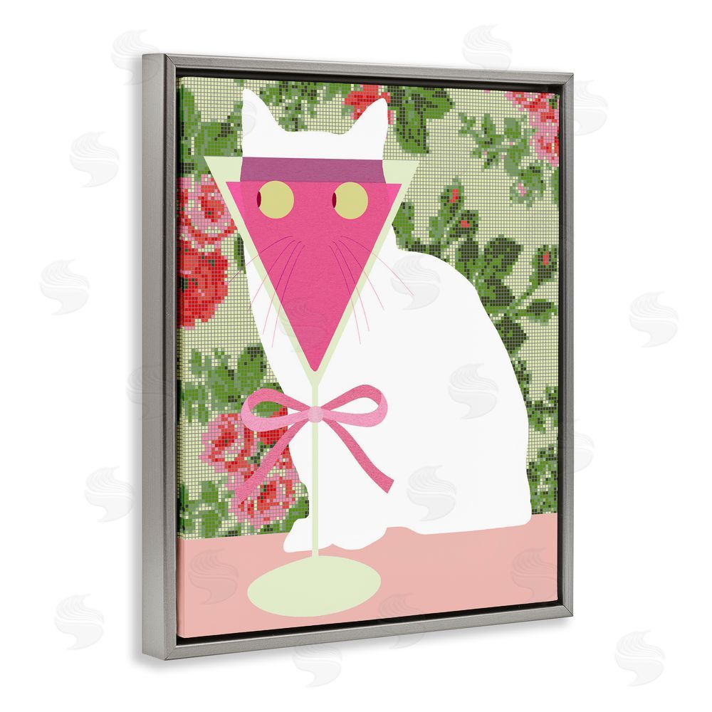 Lil' Rue White Cat with Pink Martini Gray Floating Framed Canvas Wall Art Print