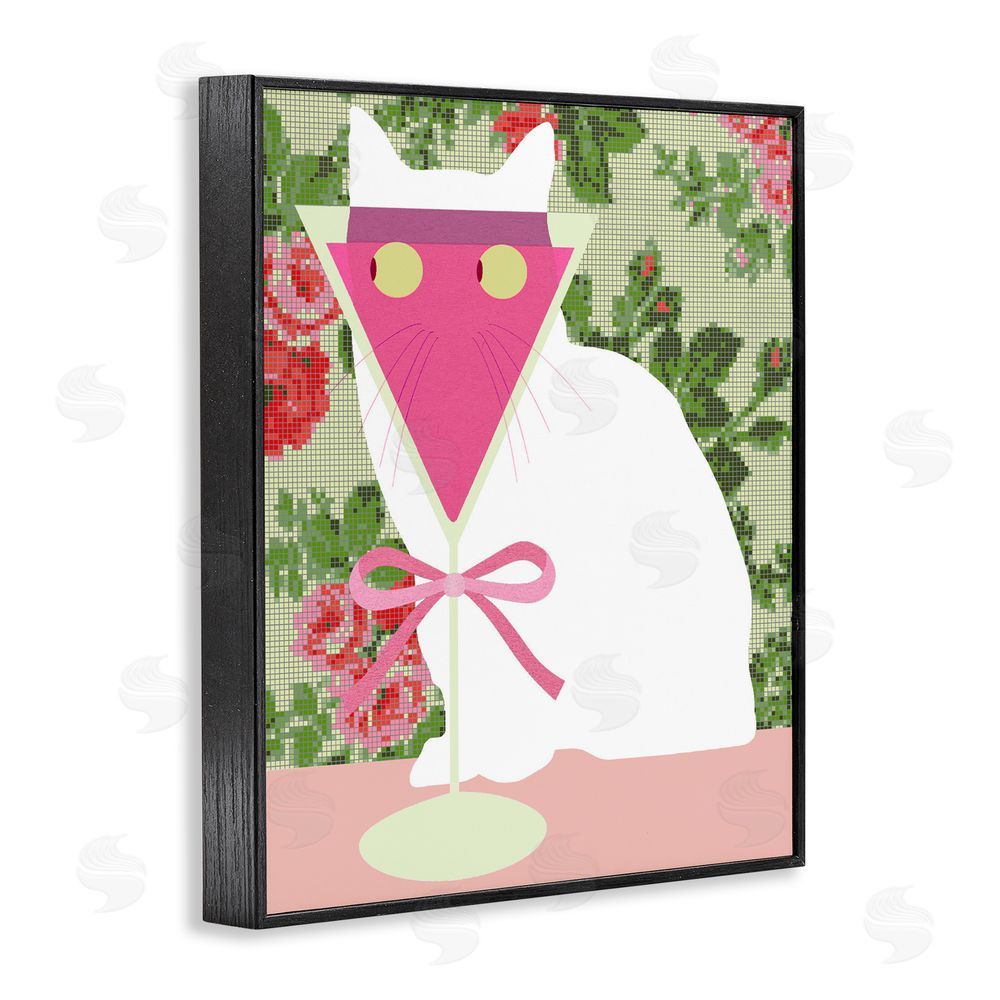 Lil' Rue White Cat with Pink Martini Black Framed Giclee Wall Art Print