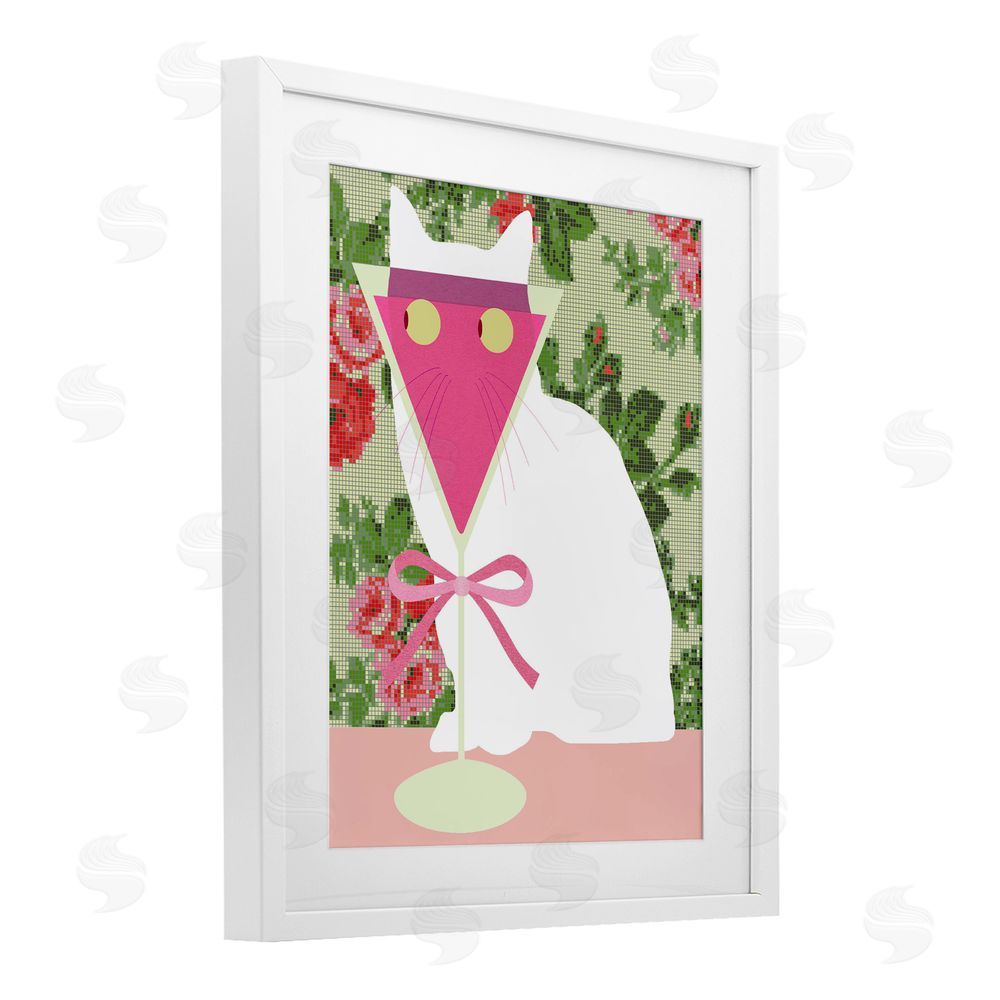 Lil' Rue White Cat with Pink Martini White Framed Print Under Glass with White Mat Wall Art