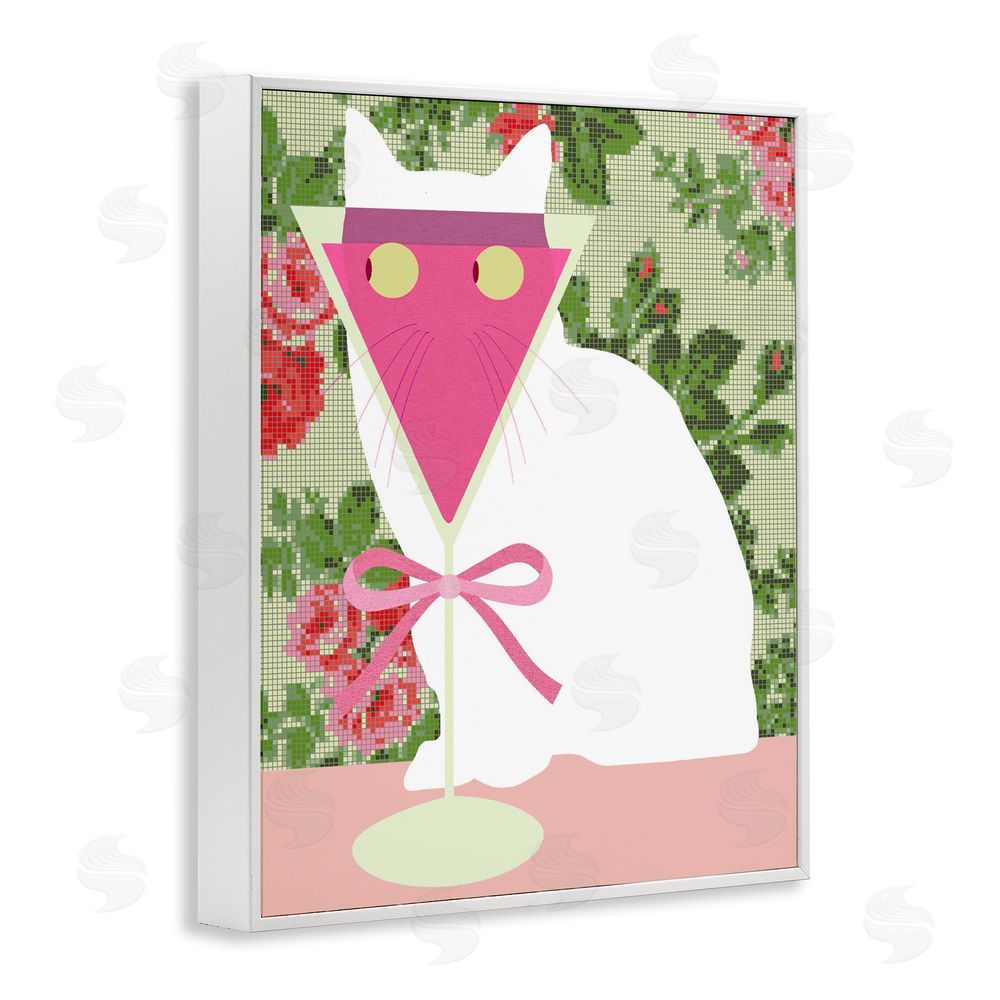 Lil' Rue White Cat with Pink Martini White Framed Giclee Wall Art Print