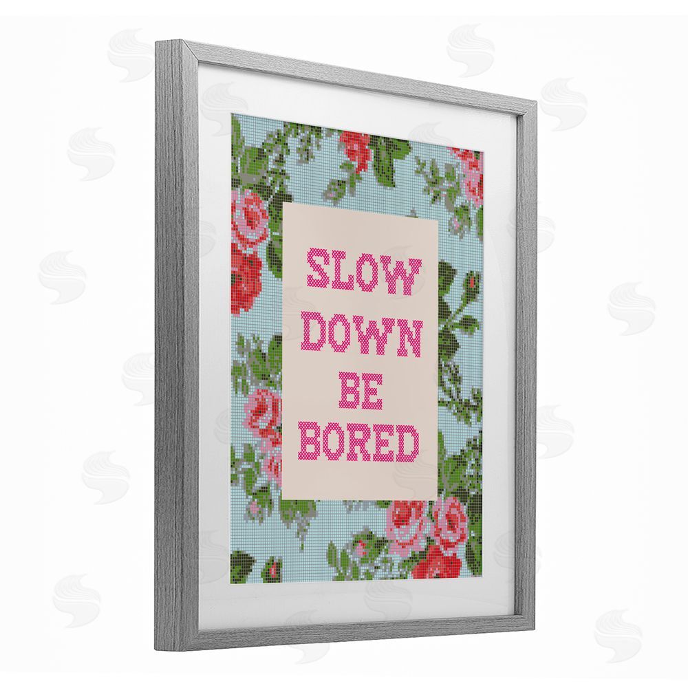 Lil' Rue Slow Down Be Bored Faux Cross Stitch Gray Framed Print Under Glass with White Mat Wall Art