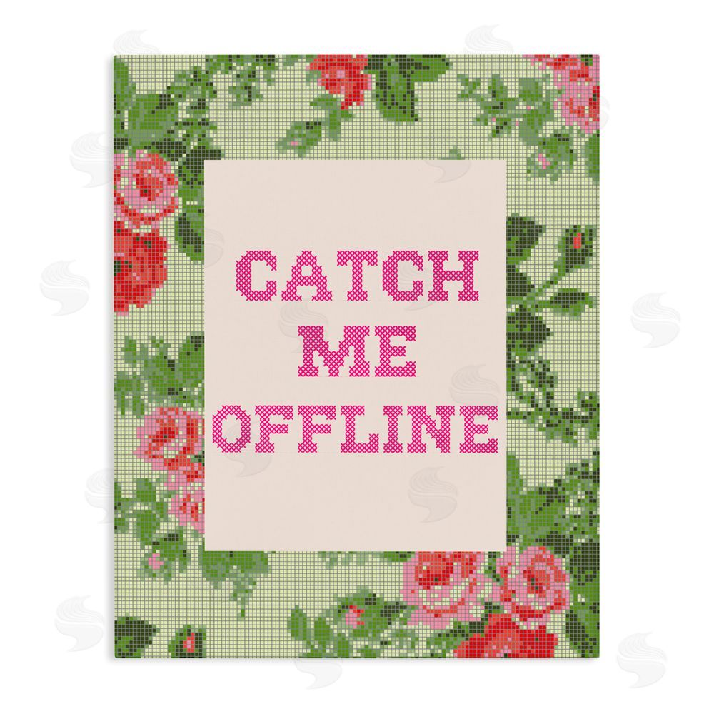 Stupell Studio Catch Me Offline Faux Cross Stitch Stretched Canvas Wall Art Print