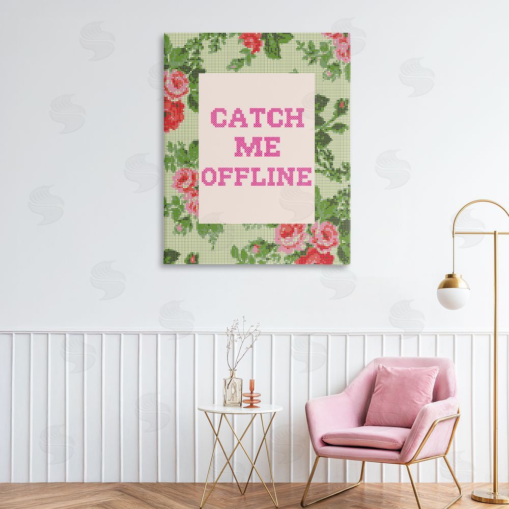 Stupell Studio Catch Me Offline Faux Cross Stitch Stretched Canvas Wall Art Print in Room