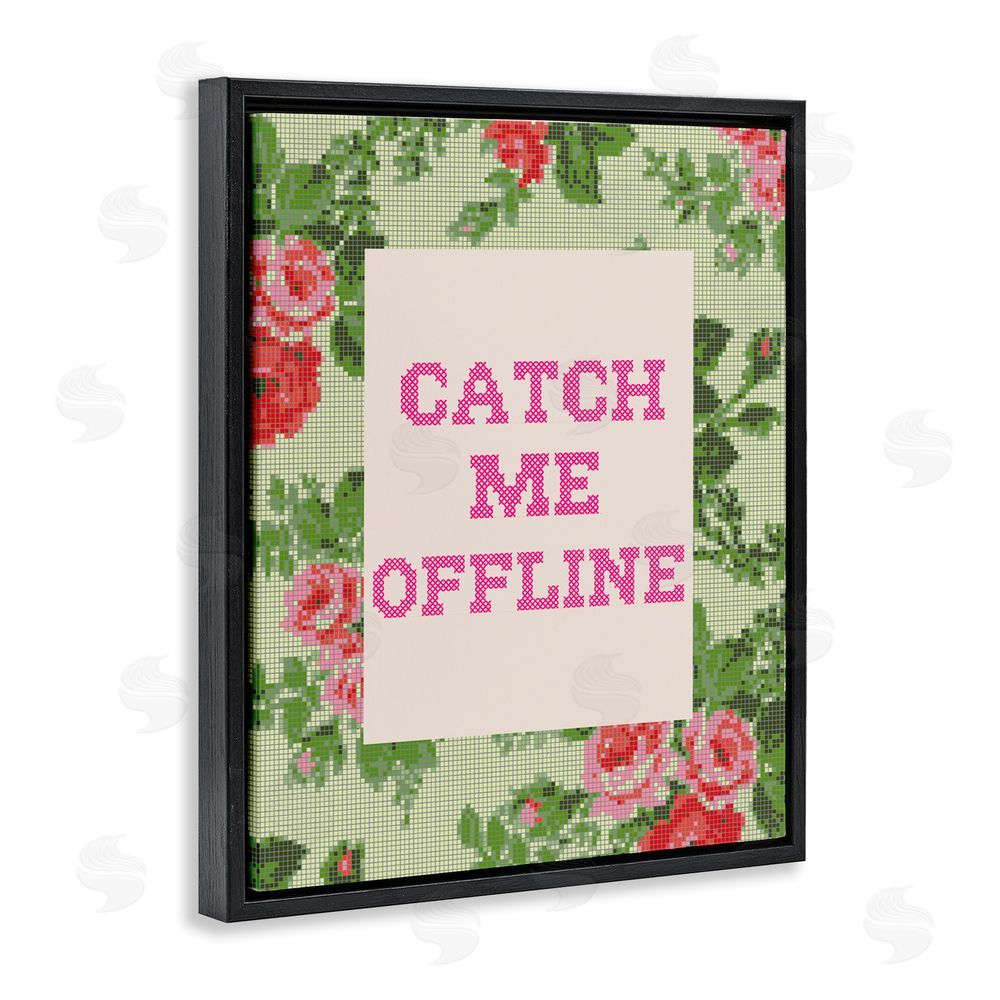 Stupell Studio Catch Me Offline Faux Cross Stitch Black Floating Frame Stretched Canvas Wall Art Print