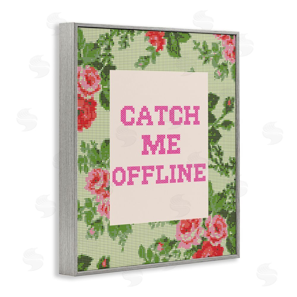 Stupell Studio Catch Me Offline Faux Cross Stitch Gray Framed Giclee Wall Art Print
