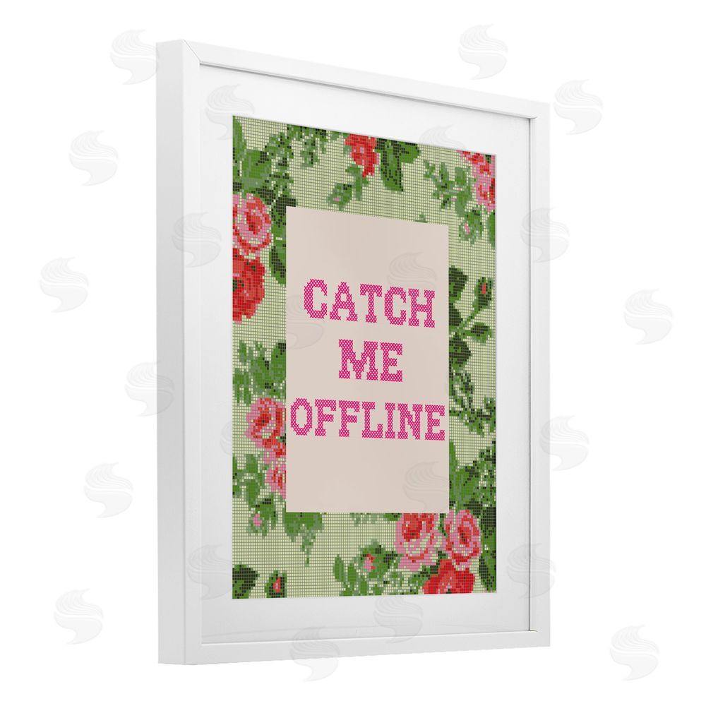 Stupell Studio Catch Me Offline Faux Cross Stitch White Framed Print Under Glass with Matting Wall Art