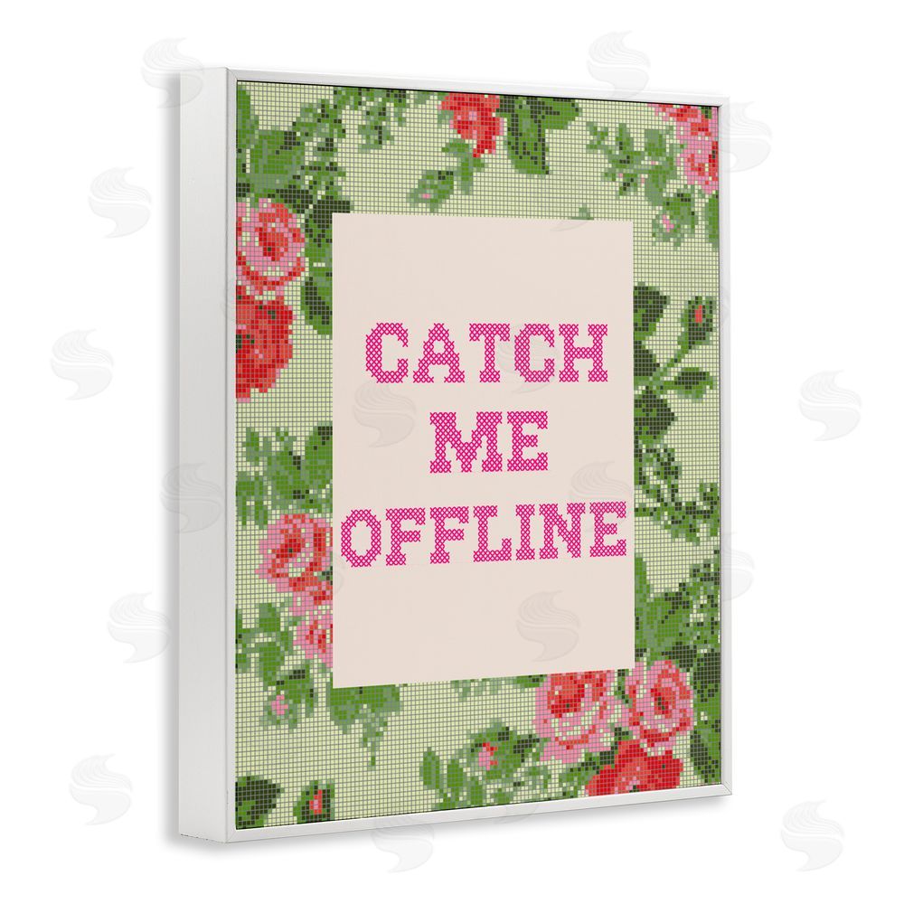 Stupell Studio Catch Me Offline Faux Cross Stitch White Framed Giclee Wall Art Print
