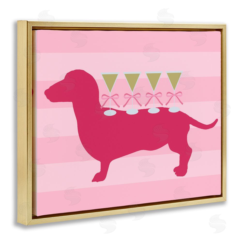 Daphne Polselli Pink Dachshund With Martinis Gold Floating Framed Canvas Wall Art