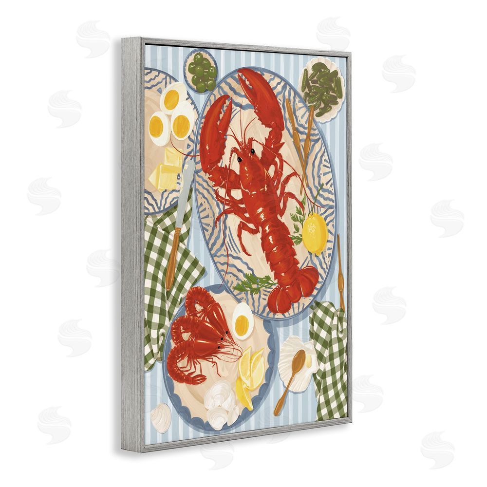 Vero Illustrates Lobster For Lunch Platter Gray Framed Giclee Wall Art