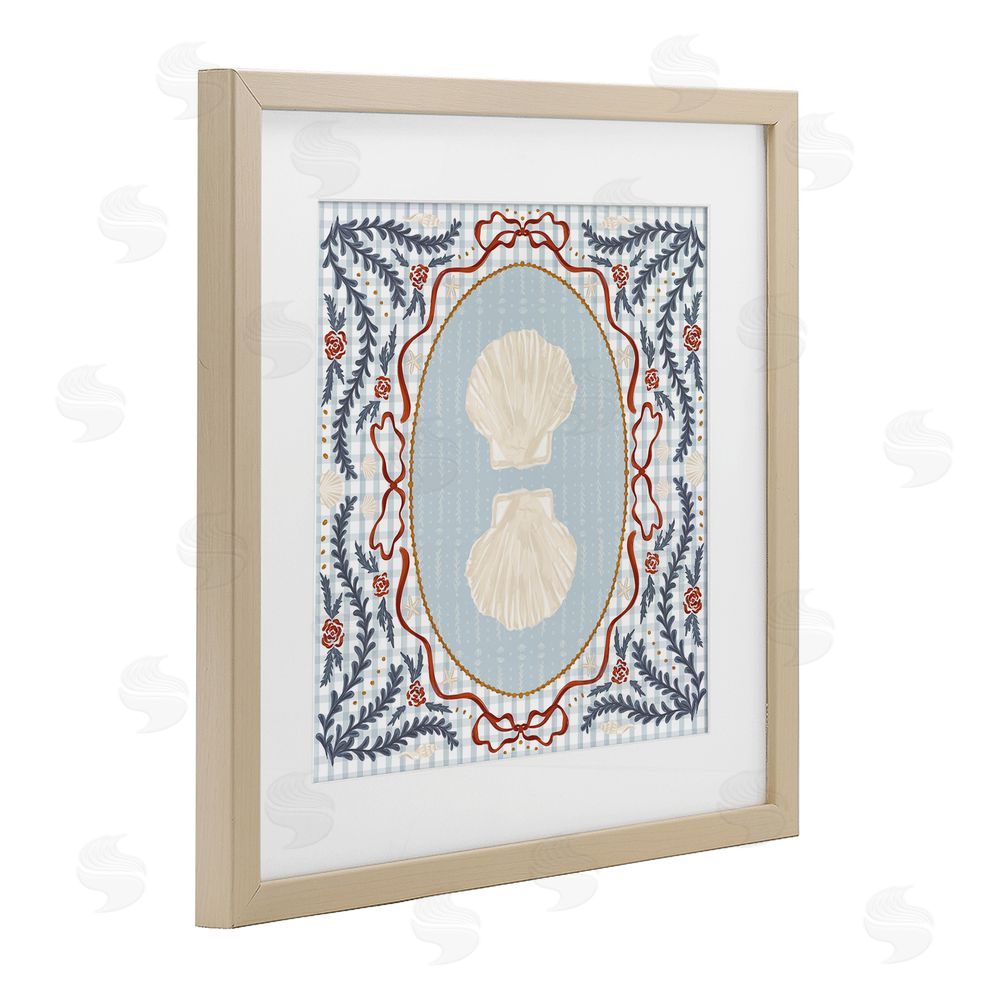 Vero Illustrates Shells Portrait on Gingham Brown Framed Print Under Glass with White Mat Wall Art