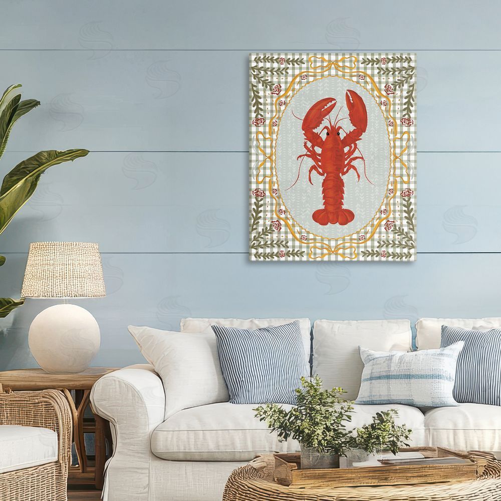 Vero Illustrates Lobster with Gingham Kitchen Charm Stretched Canvas Wall Art in Room