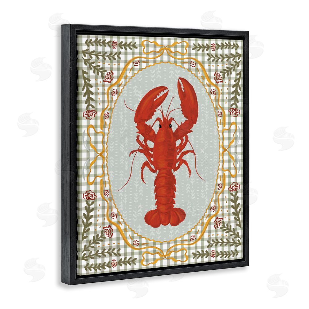 Vero Illustrates Lobster with Gingham Kitchen Charm Black Floating Framed Canvas Wall Art