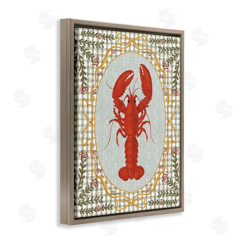 Vero Illustrates Lobster with Gingham Kitchen Charm Brown Floating Framed Canvas Wall Art