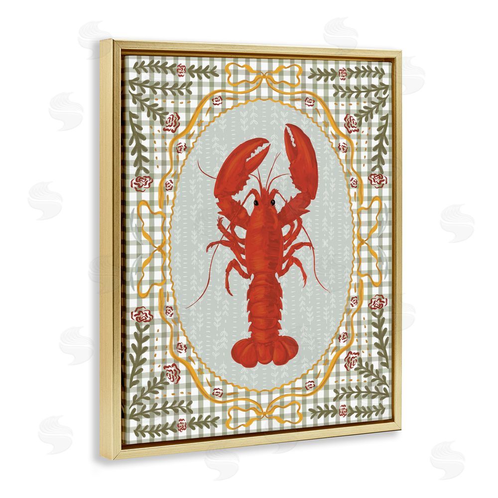 Vero Illustrates Lobster with Gingham Kitchen Charm Gold Floating Framed Canvas Wall Art