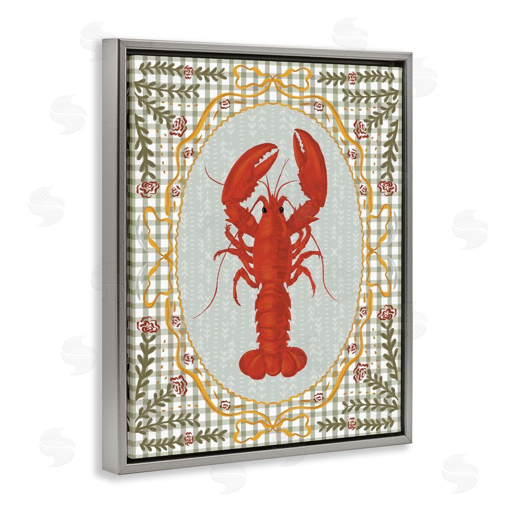 Vero Illustrates Lobster with Gingham Kitchen Charm Gray Floating Framed Canvas Wall Art