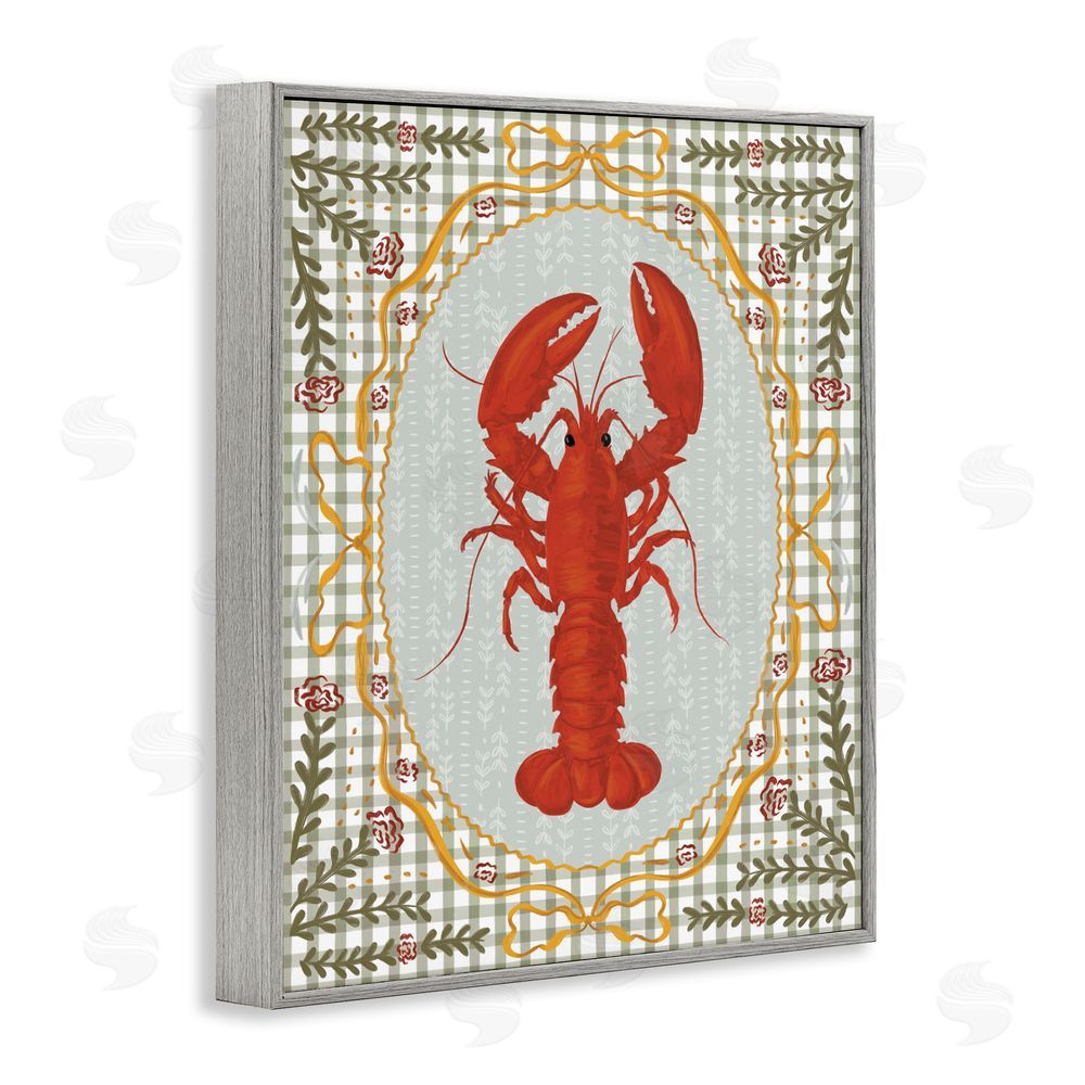 Vero Illustrates Lobster with Gingham Kitchen Charm Gray Framed Giclee Wall Art