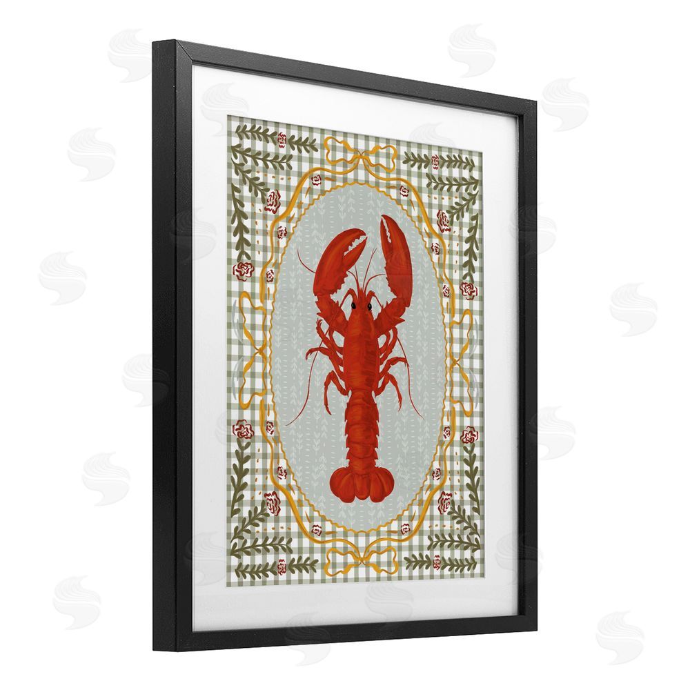 Vero Illustrates Lobster with Gingham Kitchen Charm Black Framed Print Under Glass Wall Art