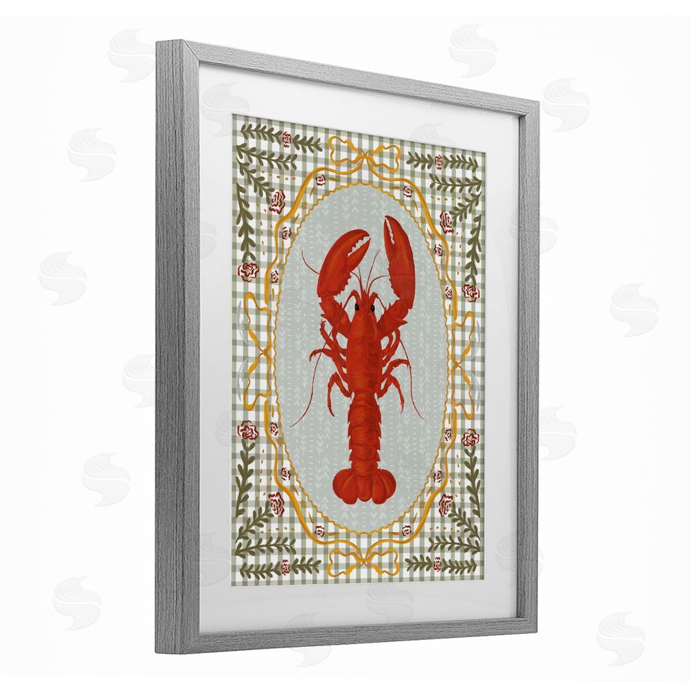 Vero Illustrates Lobster with Gingham Kitchen Charm Gray Framed Print Under Glass Wall Art