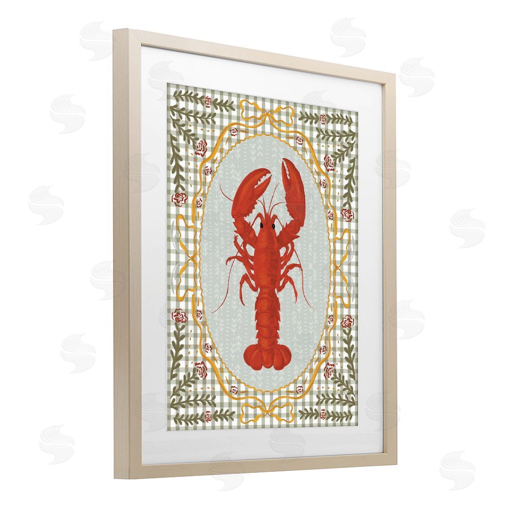 Vero Illustrates Lobster with Gingham Kitchen Charm Brown Framed Print Under Glass Wall Art