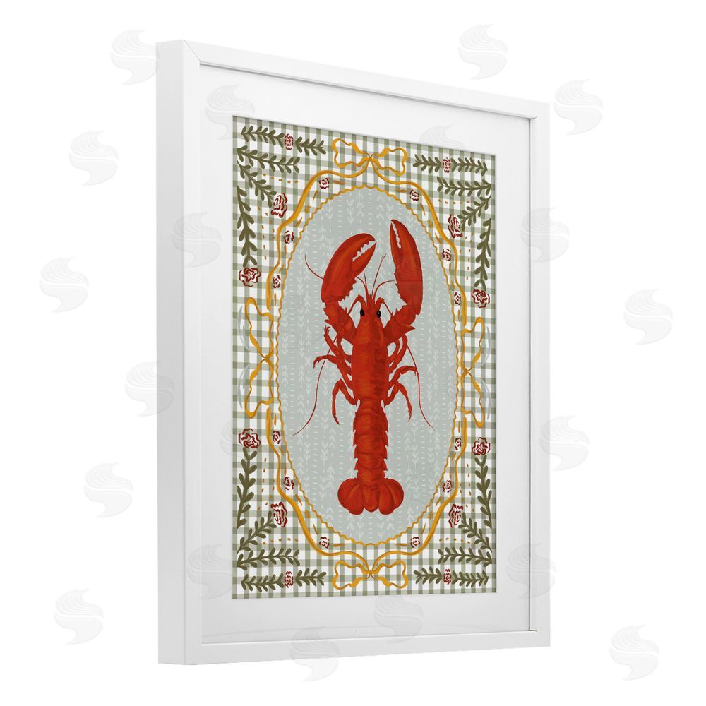 Vero Illustrates Lobster with Gingham Kitchen Charm White Framed Print Under Glass Wall Art