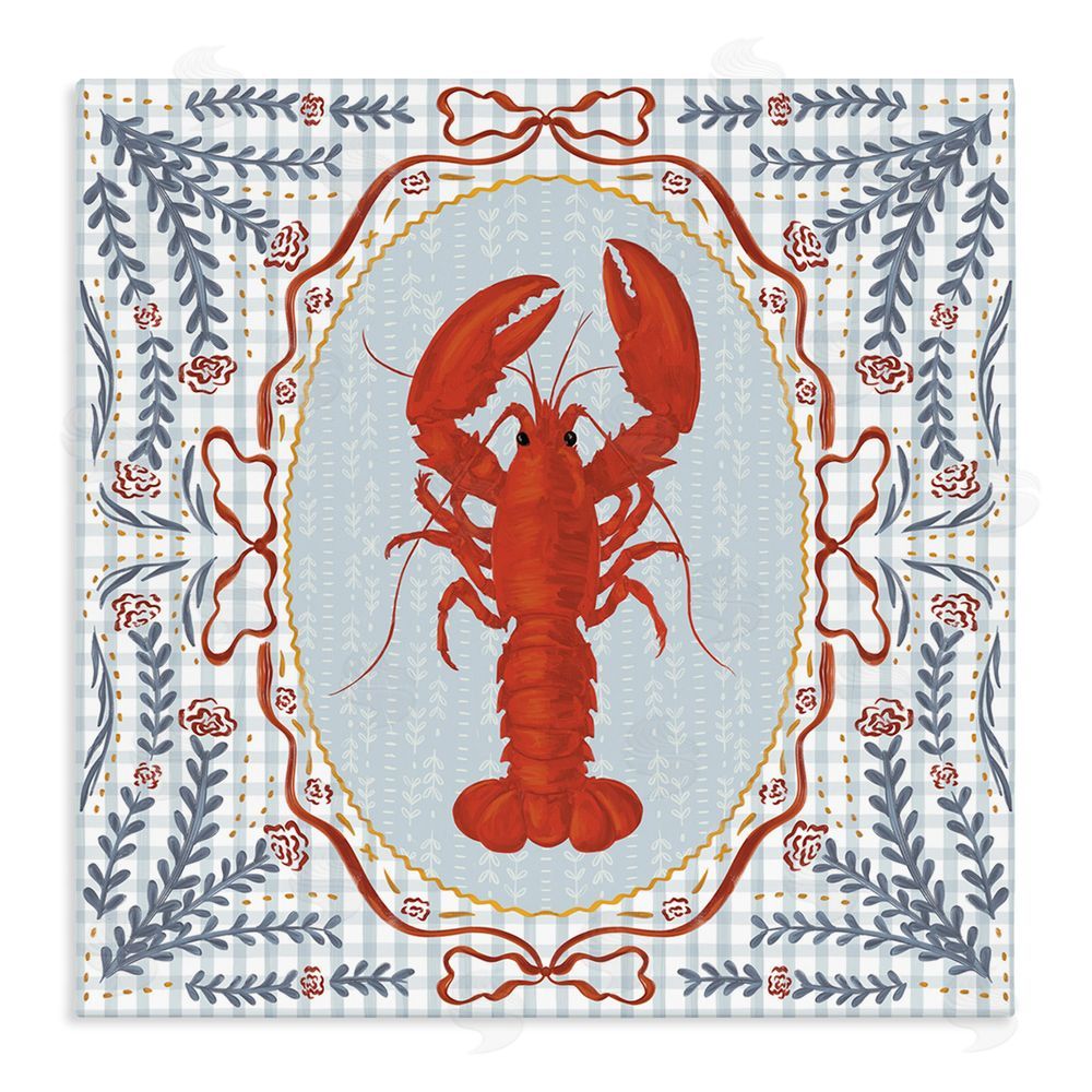 Vero Illustrates Lobster Portrait Blue Gingham Stretched Canvas Wall Art