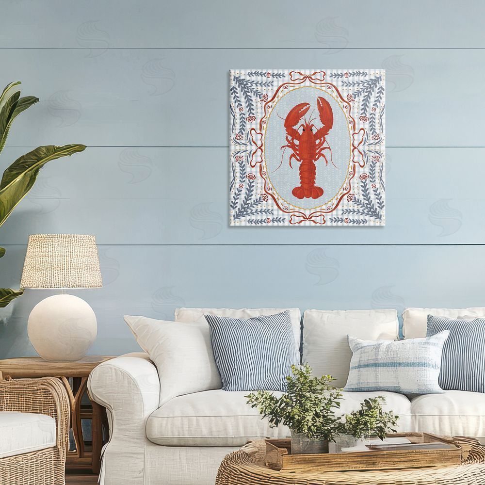 Vero Illustrates Lobster Portrait Blue Gingham Stretched Canvas Wall Art in Room