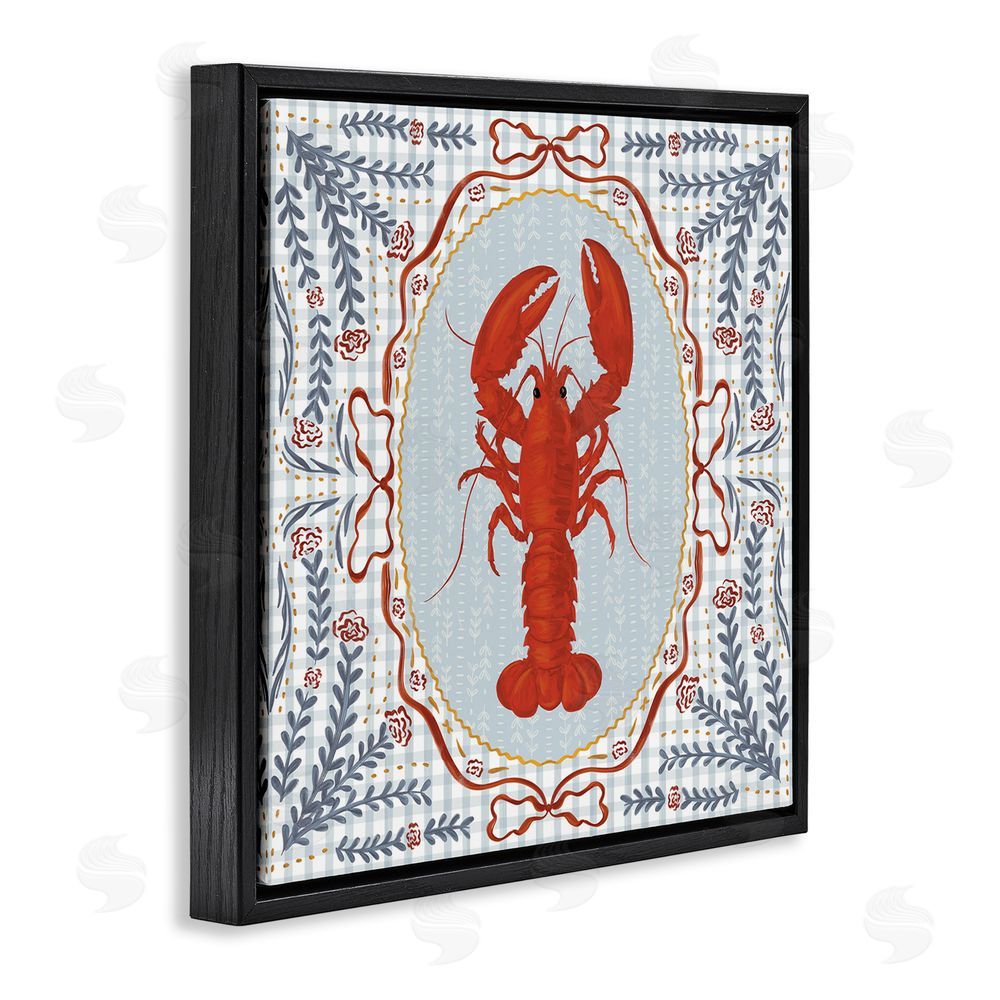 Vero Illustrates Lobster Portrait Blue Gingham Black Floating Framed Canvas Wall Art