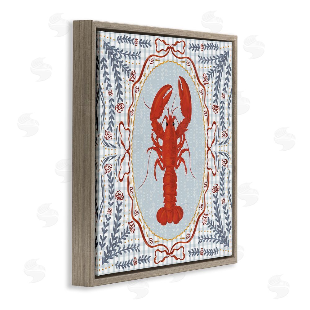 Vero Illustrates Lobster Portrait Blue Gingham Brown Floating Framed Canvas Wall Art