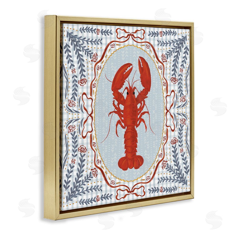 Vero Illustrates Lobster Portrait Blue Gingham Gold Floating Framed Canvas Wall Art